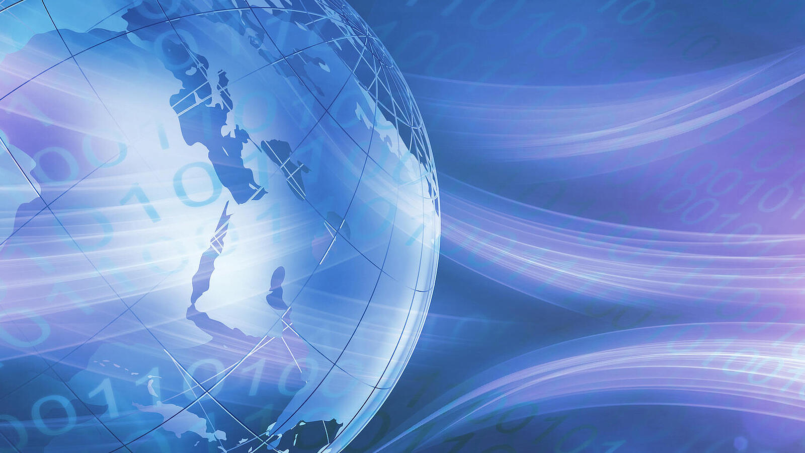 Digitale Illustration einer Weltkugel umgeben von Binärcode und Lichtwellen in Blau und Pink.
